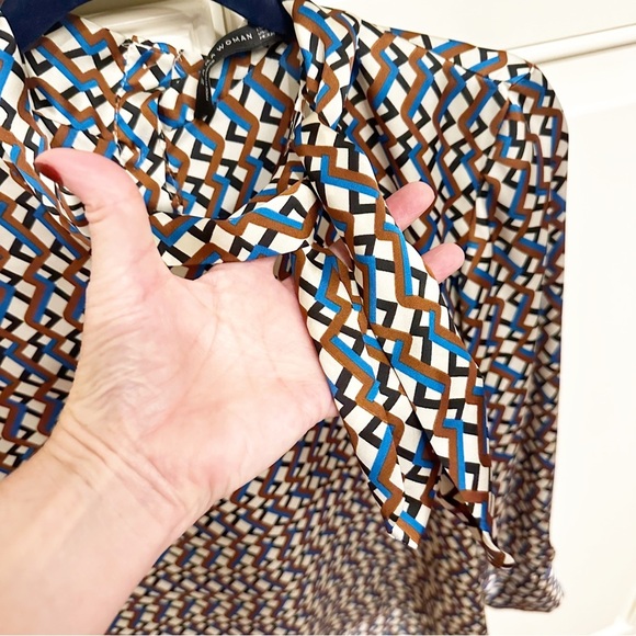 Zara Women’s Geometric Print Tie Neck Button Back Blouse Long Sleeve Office Date - Picture 6 of 9